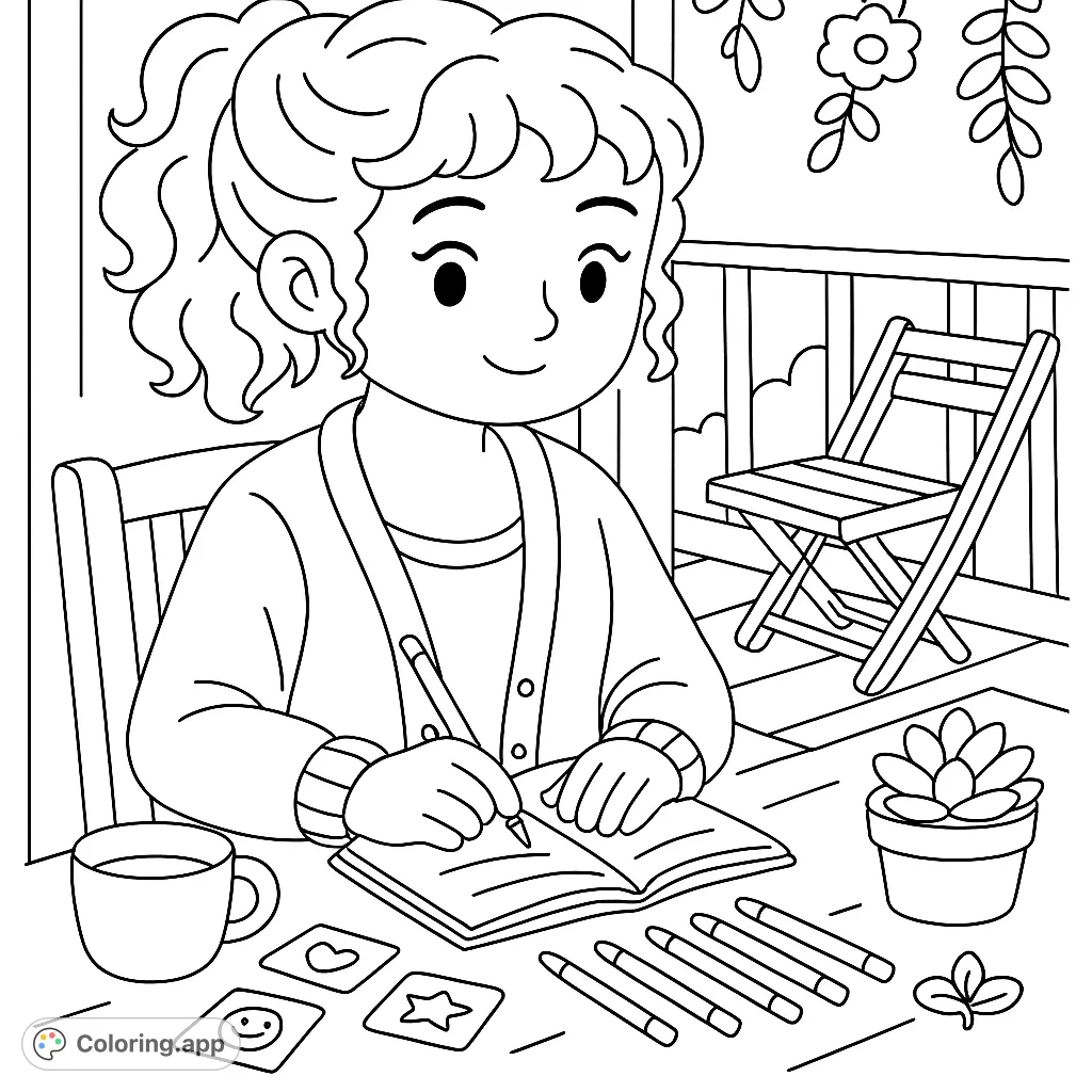 A charming coloring page depicting a young person drawing or writing in a journal on a balcony, surrounded by creative tools and peaceful elements.