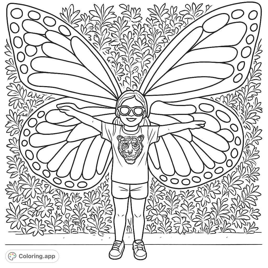 A joyful child stands with arms open wide, posing in front of large, patterned butterfly wings against a leafy backdrop. Perfect for imaginative coloring!