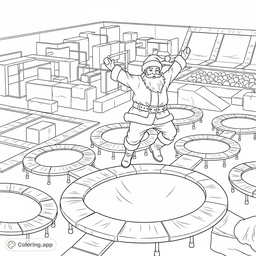 Join Santa Claus as he jumps with glee in a dynamic trampoline park, surrounded by springy mats and challenging parkour hurdles for a jolly, active scene.
