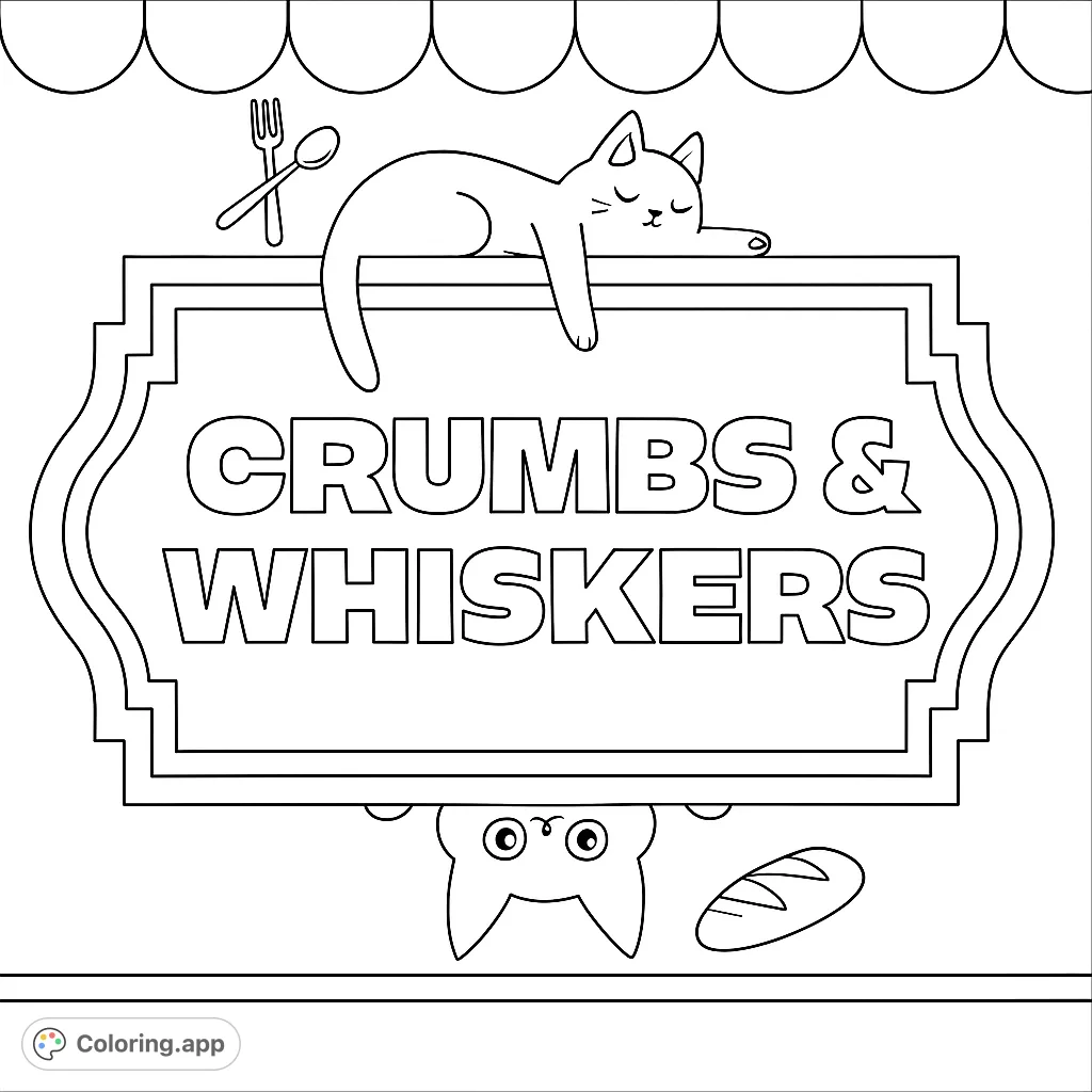 Delightful whimsical cats adorn a charming bakery sign, inviting you to a world of sweet treats and playful feline friends. A purr-fect coloring adventure awaits!
