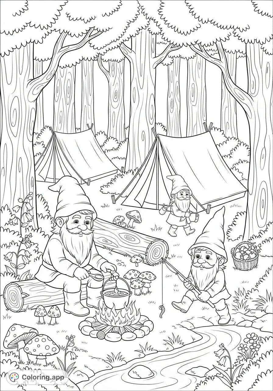 Embark on a charming gnome camping adventure in a whimsical forest. Discover gnomes fishing, tending a campfire, and relaxing by their tents among tall trees.