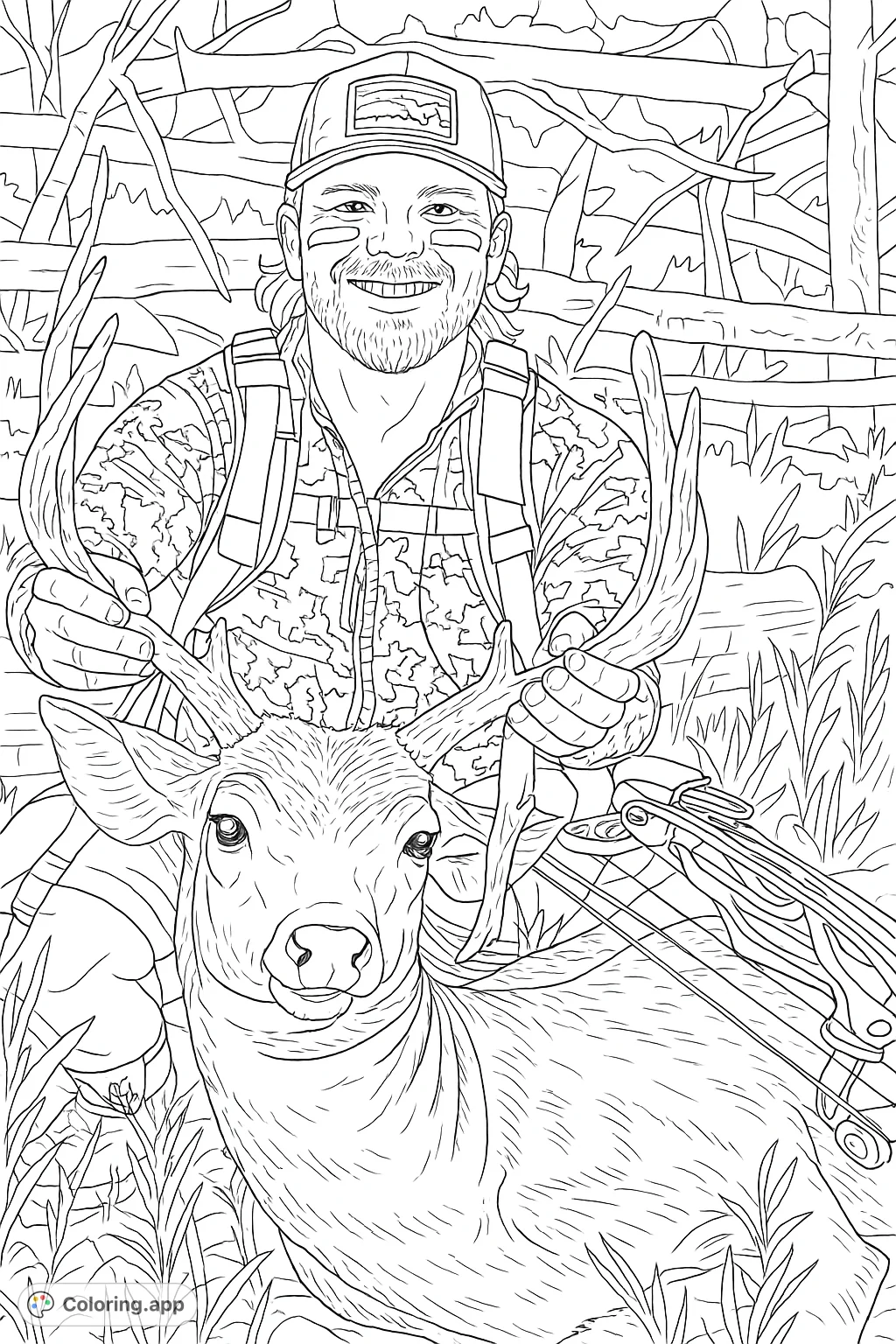 A skilled outdoorsman proudly displays a harvested deer with impressive antlers, set against a rustic wilderness backdrop, offering a challenging coloring experience.