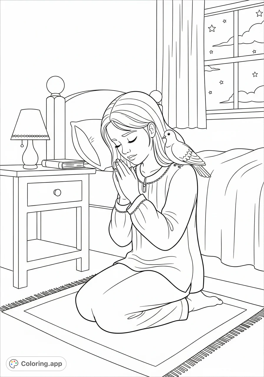 Discover a tranquil prayer coloring page featuring a girl and a comforting dove in her peaceful bedroom. A beautiful scene for reflection and creativity.
