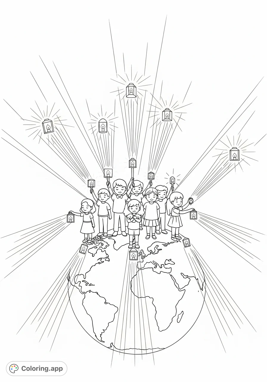 A heartfelt coloring page featuring diverse children standing on a globe, holding lanterns that emit light, symbolizing global sharing and unity.