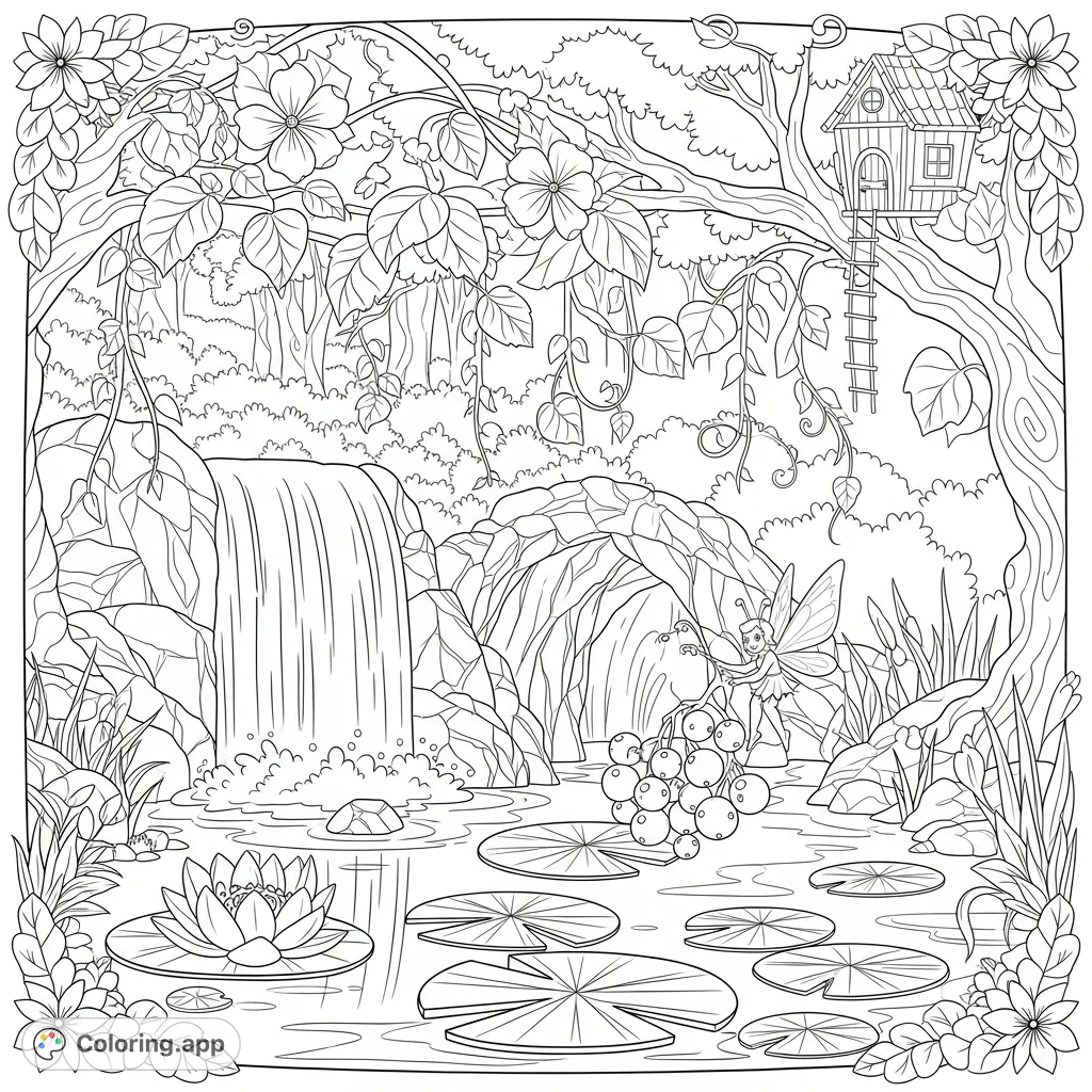 Explore a mystical woodland with a cascading waterfall, a hovering fairy, and intricate flora. A free printable magical woodland coloring page.