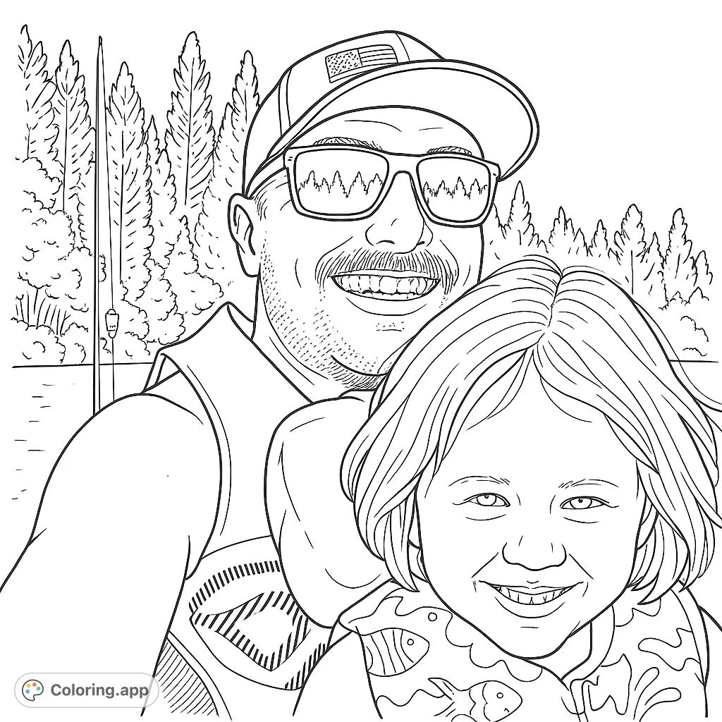 A heartwarming father-daughter fishing adventure portrait. Enjoy coloring a smiling dad and his child on the water with a scenic tree-lined background.