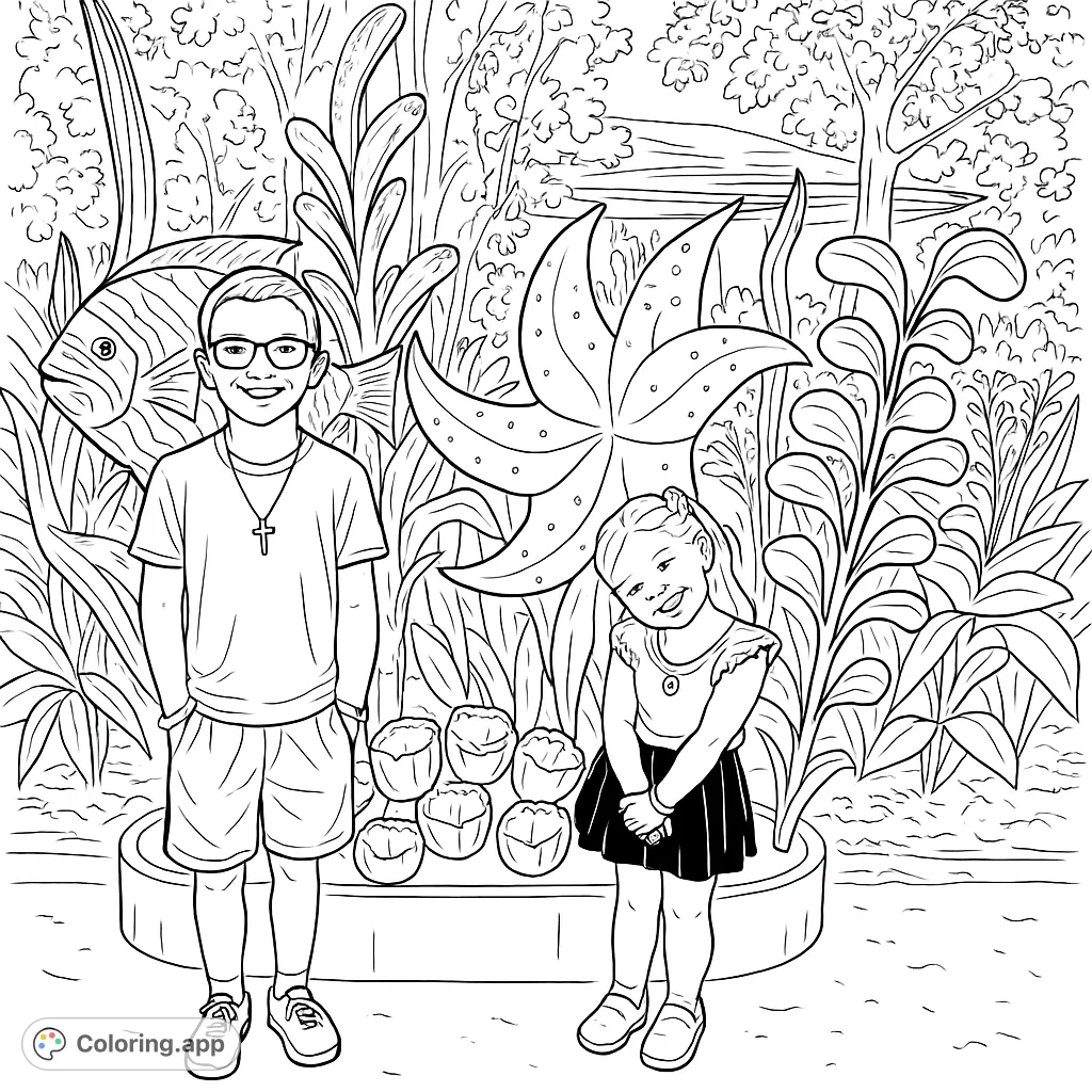 A delightful underwater-themed coloring page featuring a boy and girl posing happily with large, stylized aquatic sculptures like a fish, coral, and a star-shaped plant.