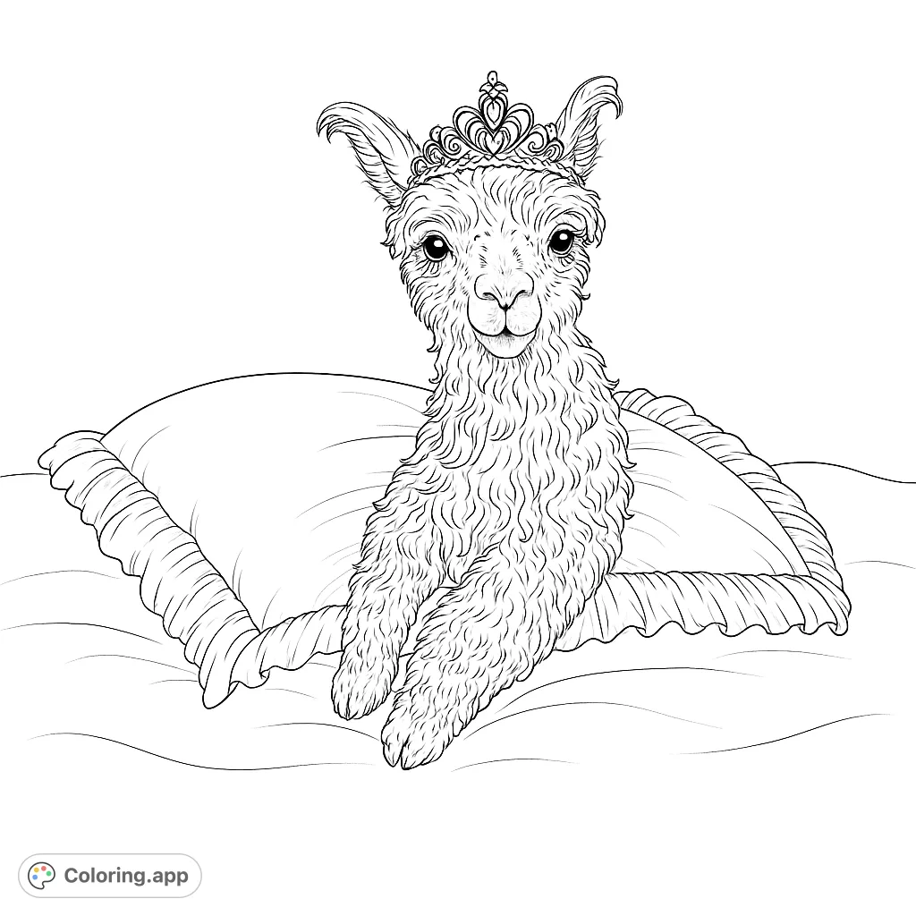 Discover a delightful llama wearing a crown, sitting majestically on a ruffled pillow. A charming, free printable llama coloring page for kids and animal lovers!