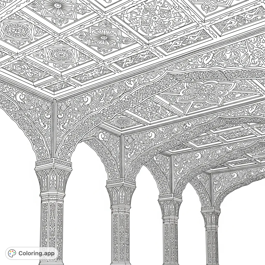 Discover a mesmerizing arabesque design covering a coffered ceiling, intricately woven with geometric patterns, stylized flowers, and birds, supported by carved pillars. A detailed, relaxing coloring experience awaits!
