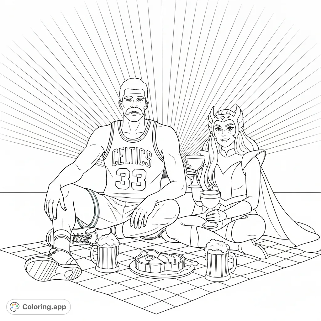 Imagine a unique picnic scene featuring a Celtics player in a #33 jersey, a prominent mustache, and She-Ra, enjoying steak and beer under a grand arc!