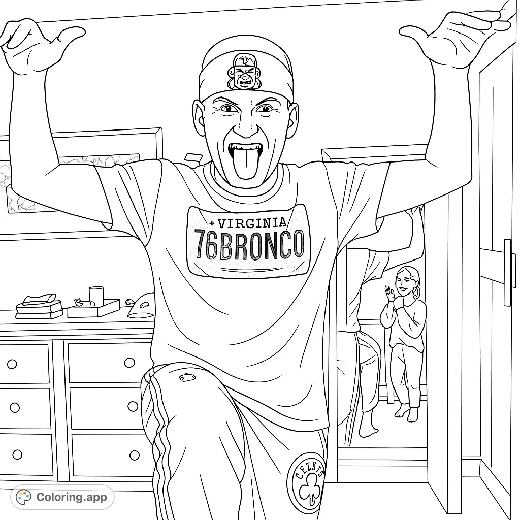 Strike a fun pose with this character coloring page featuring a person in a headband and custom shirt, ready for creative expression.