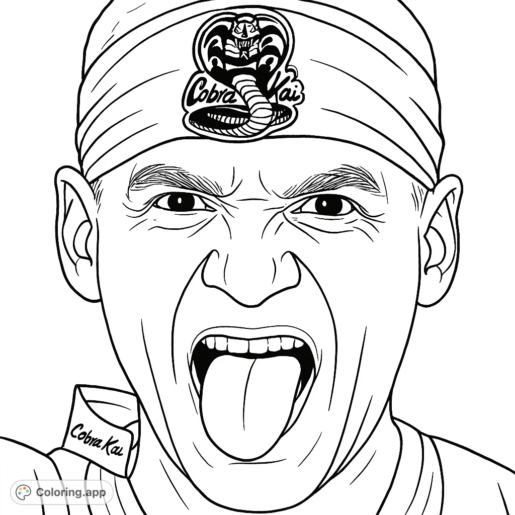 Unleash your inner martial artist with this playful Cobra Kai coloring page featuring a man comically sticking out his tongue. Fun for all ages!