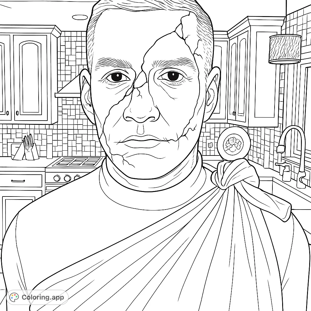 An intriguing broken statue character with intricate facial cracks and a draped garment, set in a detailed kitchen environment. A challenging coloring page.