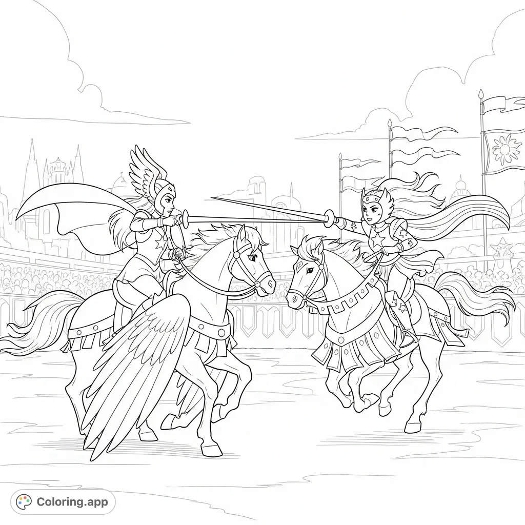 Witness an epic jousting match as She-Ra on Swift Wind takes on Rainbow Brite on her majestic horse. A dynamic coloring page for fans of all ages!