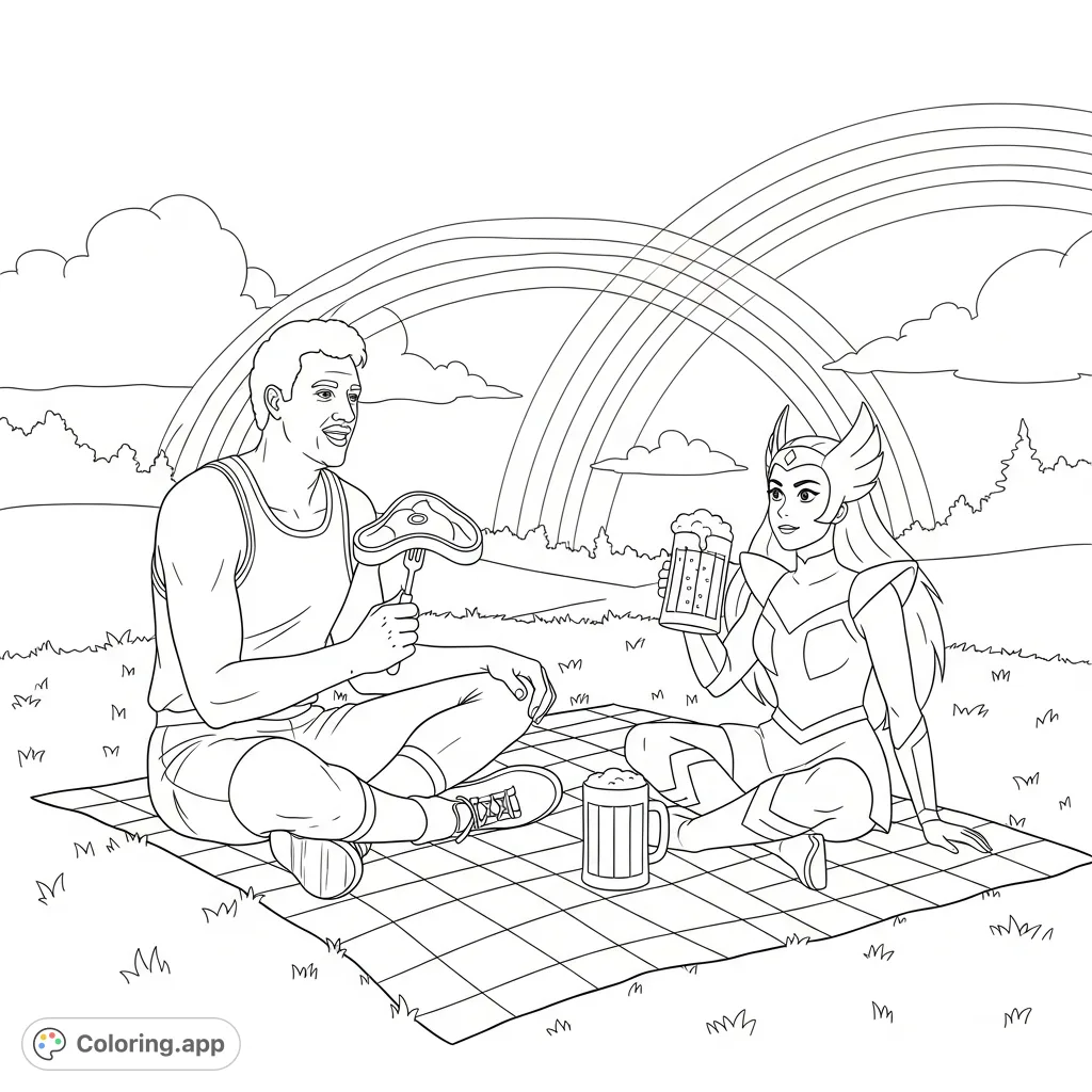 Experience a whimsical picnic date with Larry Bird and She-Ra enjoying steak and beer under a magnificent double rainbow. A unique crossover for adult fans!
