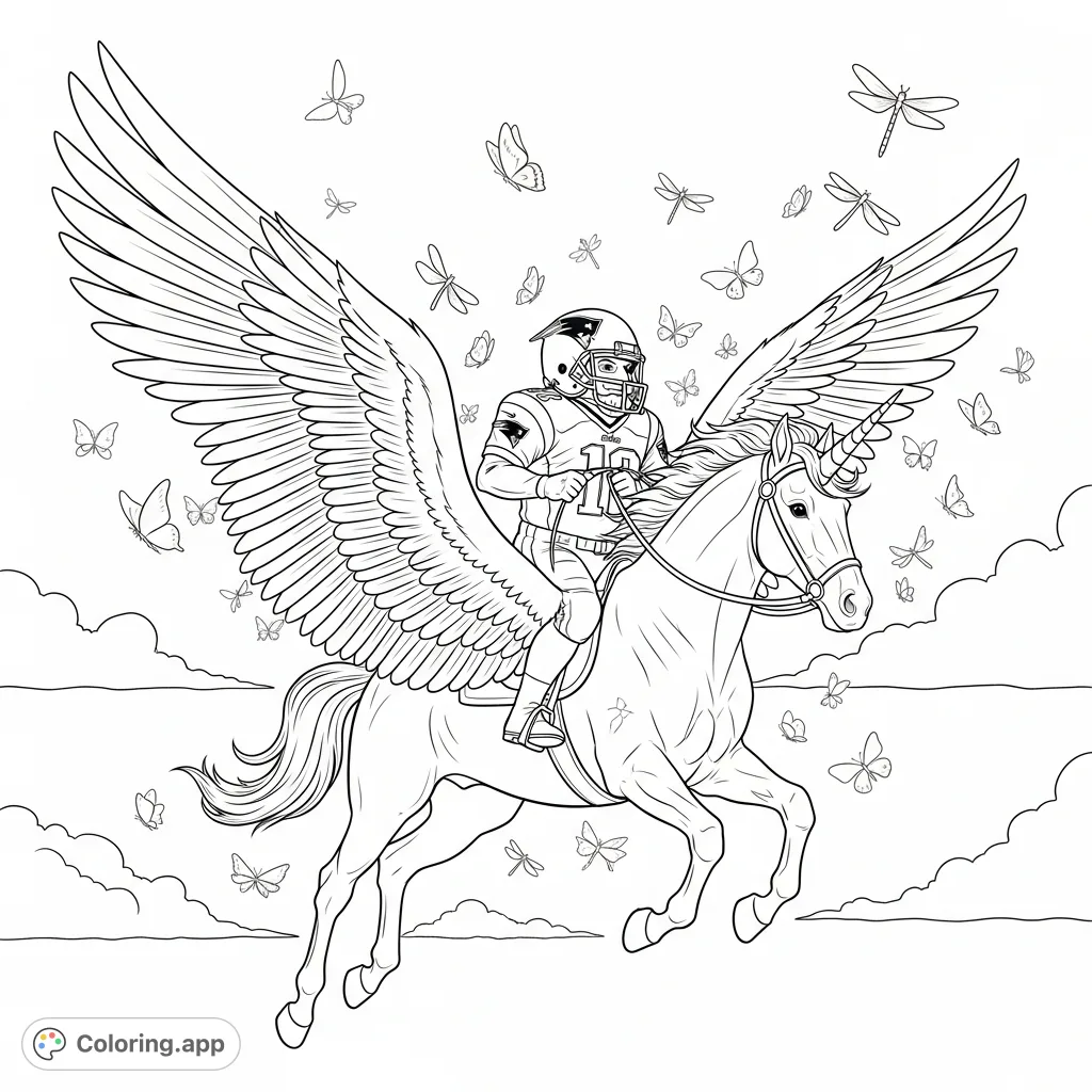Soar with Pat Patriot on a majestic Pegasus unicorn, surrounded by countless fluttering butterflies and graceful dragonflies in this dynamic aerial scene.