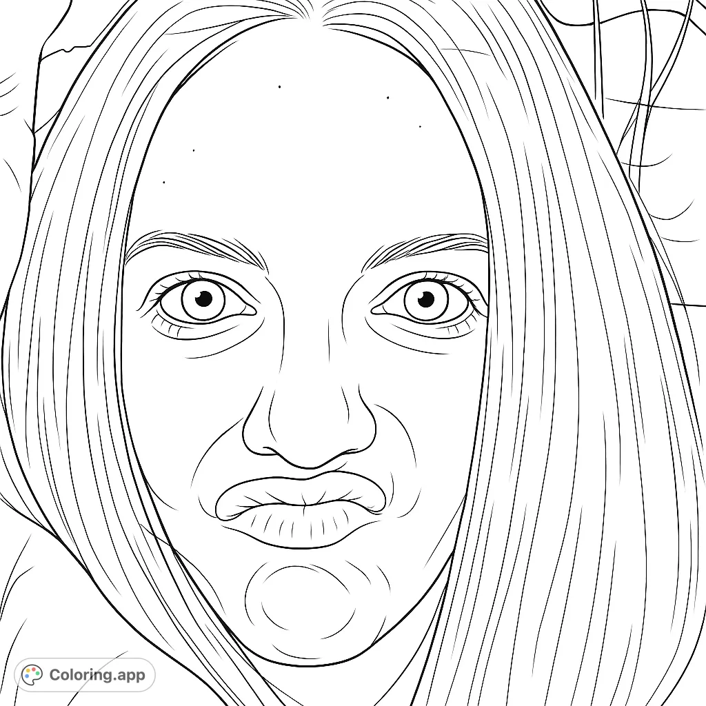 A fun and expressive portrait of a woman making a silly face, with pursed lips and long hair, perfect for a playful coloring session.