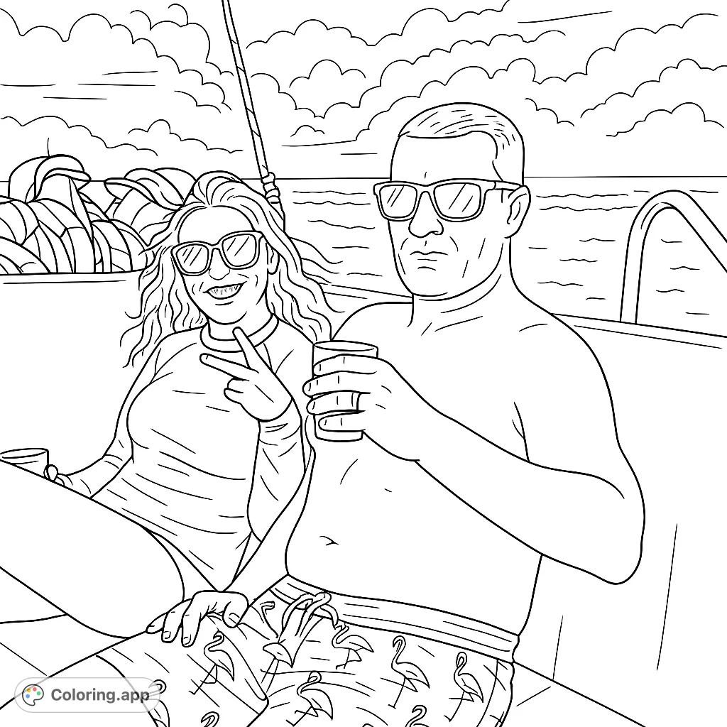 A cheerful couple enjoys a boat trip on the open water with cloudy skies, featuring a woman making a peace sign and a man holding a drink. Perfect for vacation themes.