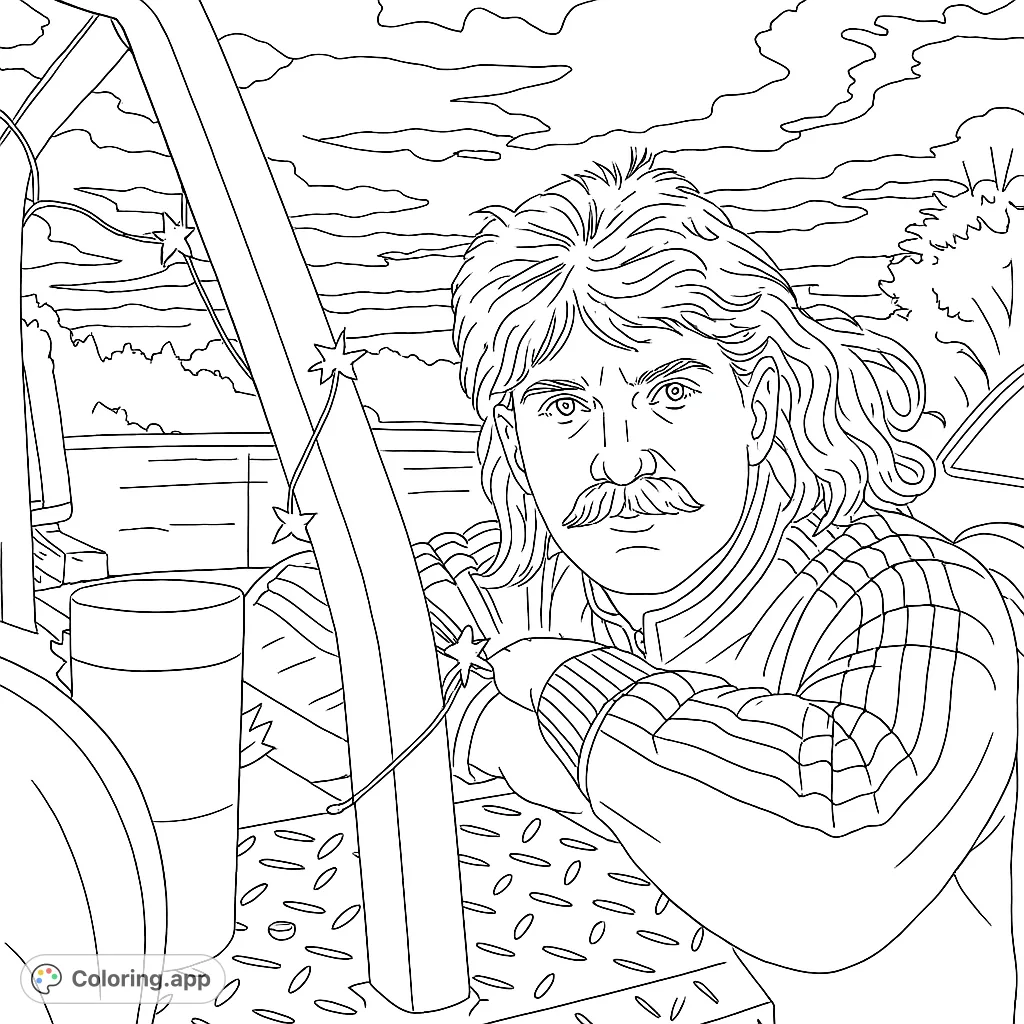 Color a fun, retro-themed character with a shaggy hairstyle, prominent mustache, and striped jacket, surrounded by quirky string lights and a dynamic sky.