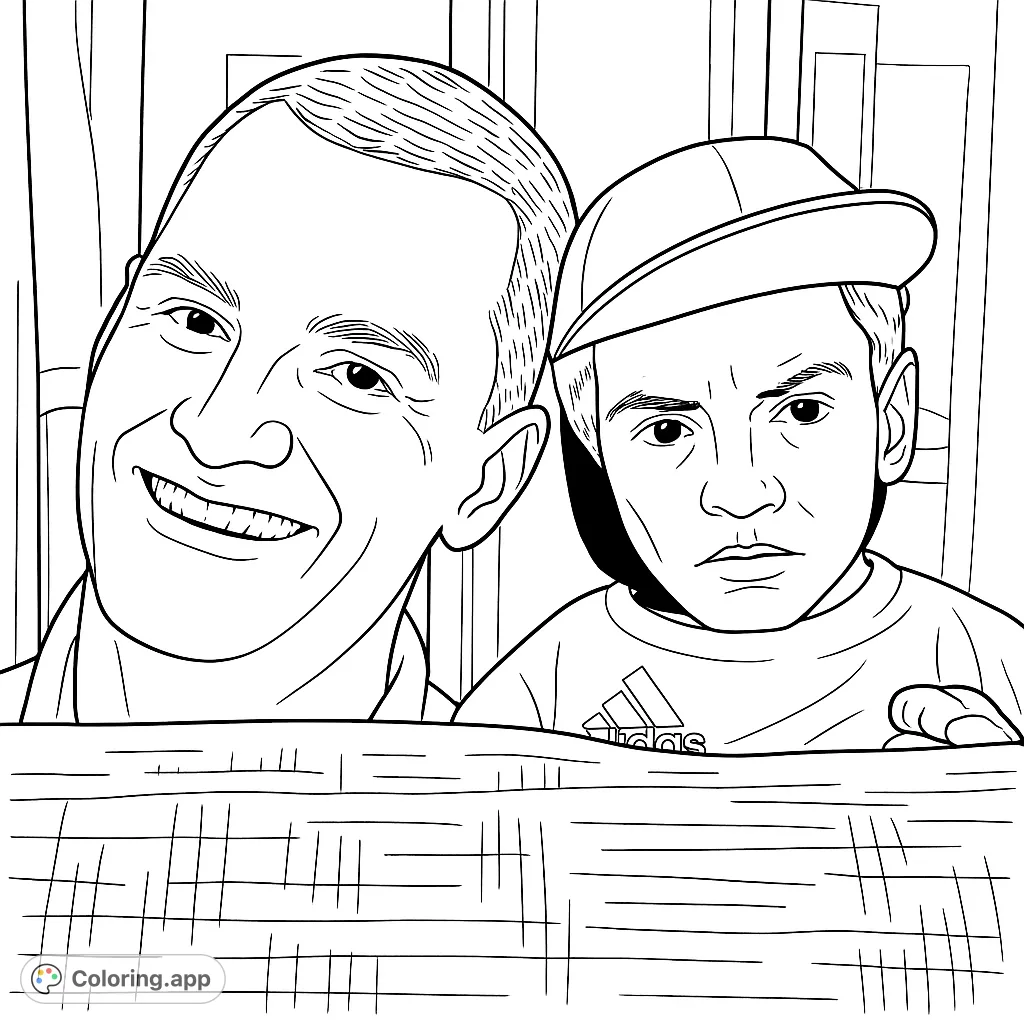 A cheerful man grins alongside a quirky doll wearing a baseball cap and a branded shirt, offering a fun and unique scene for creative coloring.