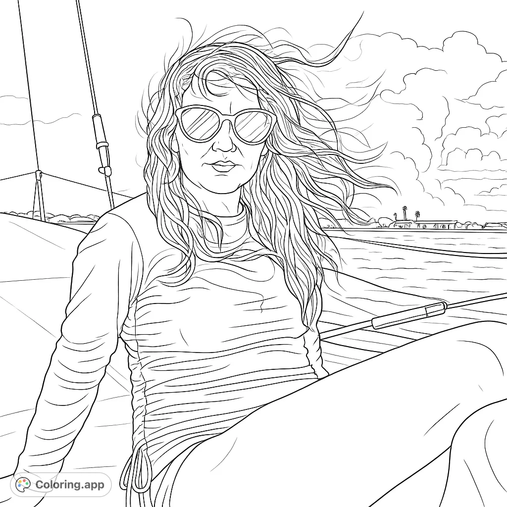 Capture the serene yet dynamic scene of a person with wind-blown hair and sunglasses, relaxing on a boat deck with a distant shoreline and cloudy sky.