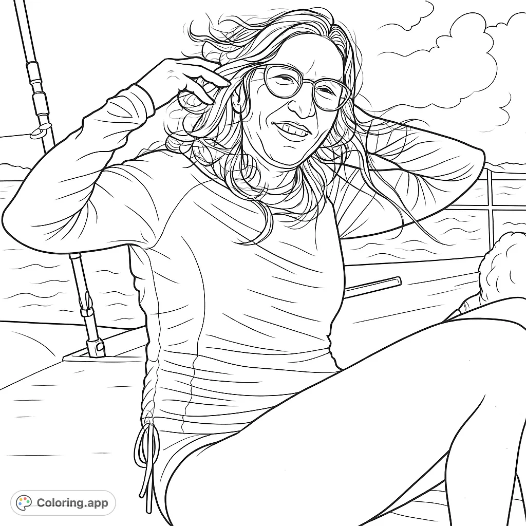 Capture the windswept joy of a woman enjoying a boat ride under a cloudy sky. This dynamic portrait features sunglasses, flowing hair, and nautical details, perfect for creative coloring.