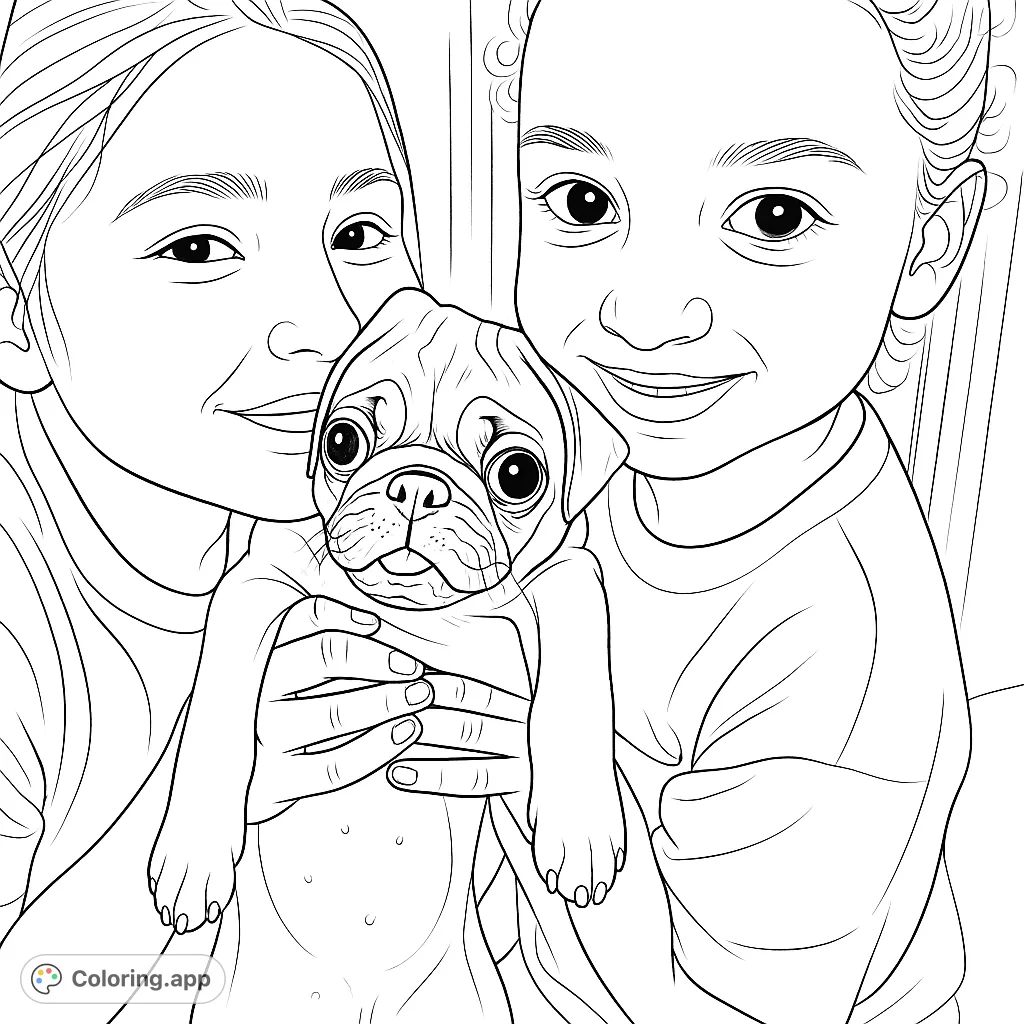 A heartwarming coloring page featuring two smiling children gently holding an adorable pug puppy. Perfect for animal lovers and kids of all ages. Enjoy bringing this sweet scene to life!