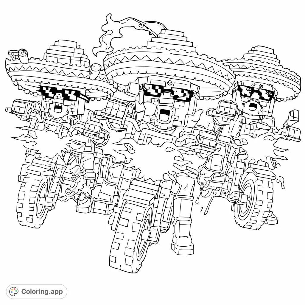 A high-energy voxel scene featuring three block-shaped characters in sombreros and sunglasses, riding detailed motorcycles with firing weapons.