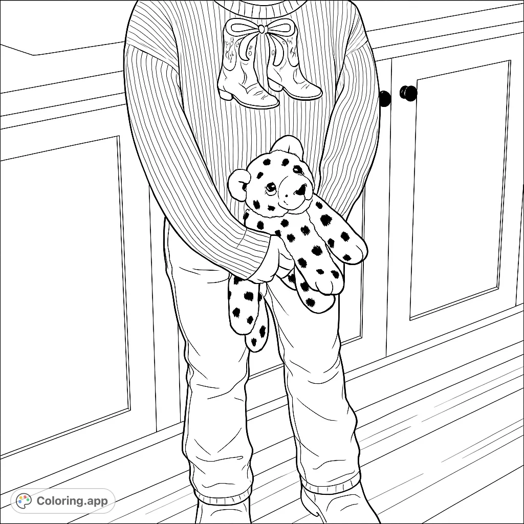A heartwarming child and plushie coloring page, featuring a sweater with cowboy boots and a bow. Perfect for imaginative coloring fun!
