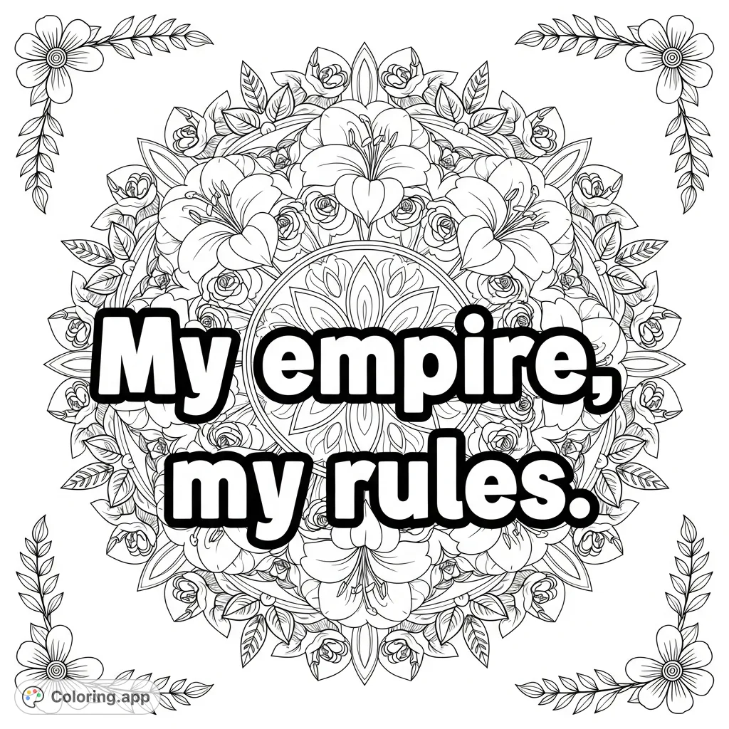 Assertive 'My empire, my rules.' text framed by an intricate, symmetrical floral mandala featuring rose blooms, lily petals, and weaving vines. A powerful, detailed design.
