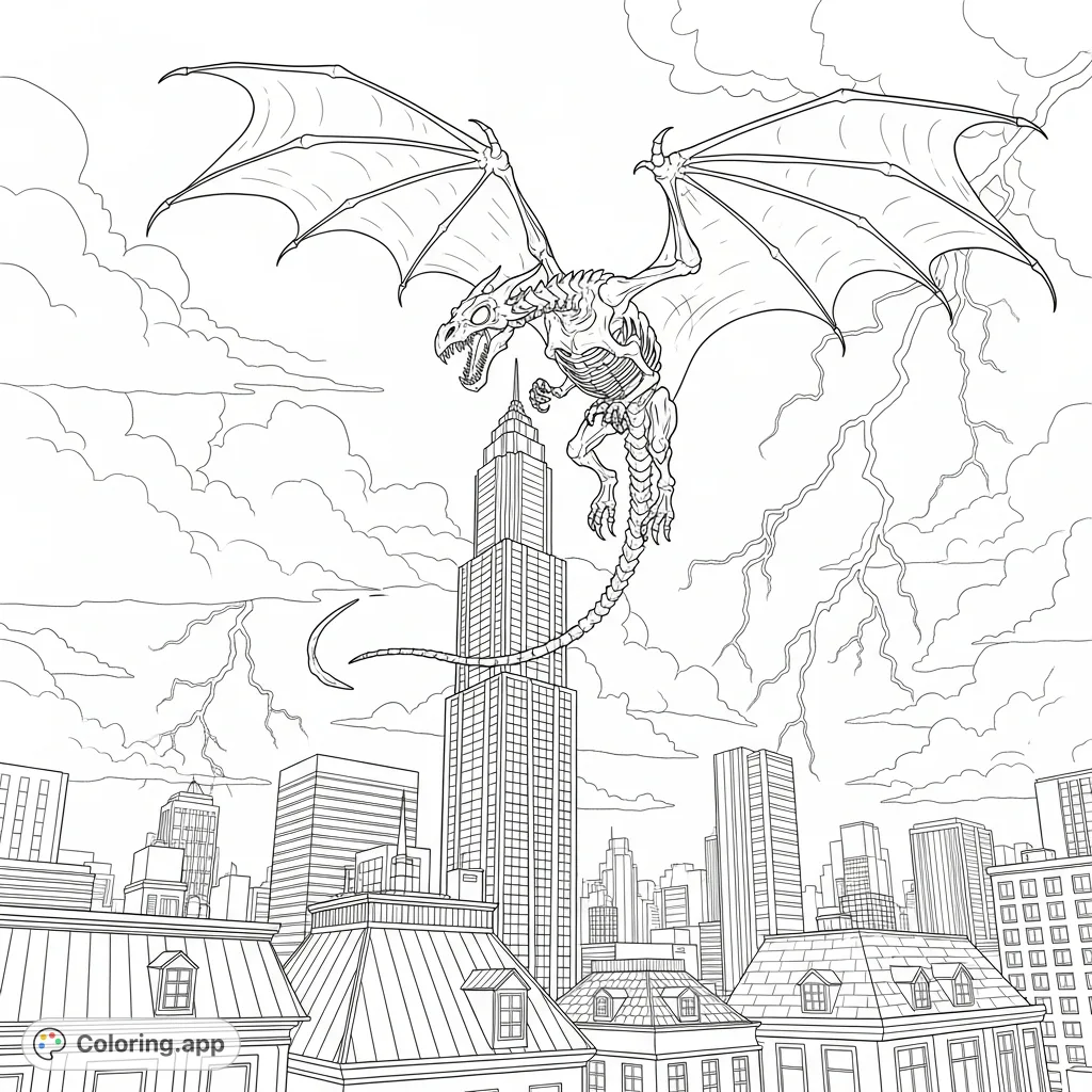 A powerful bone dragon soars over a city's skyscraper and rooftops during a lightning storm. This striking fantasy scene offers an exciting challenge for colorists.