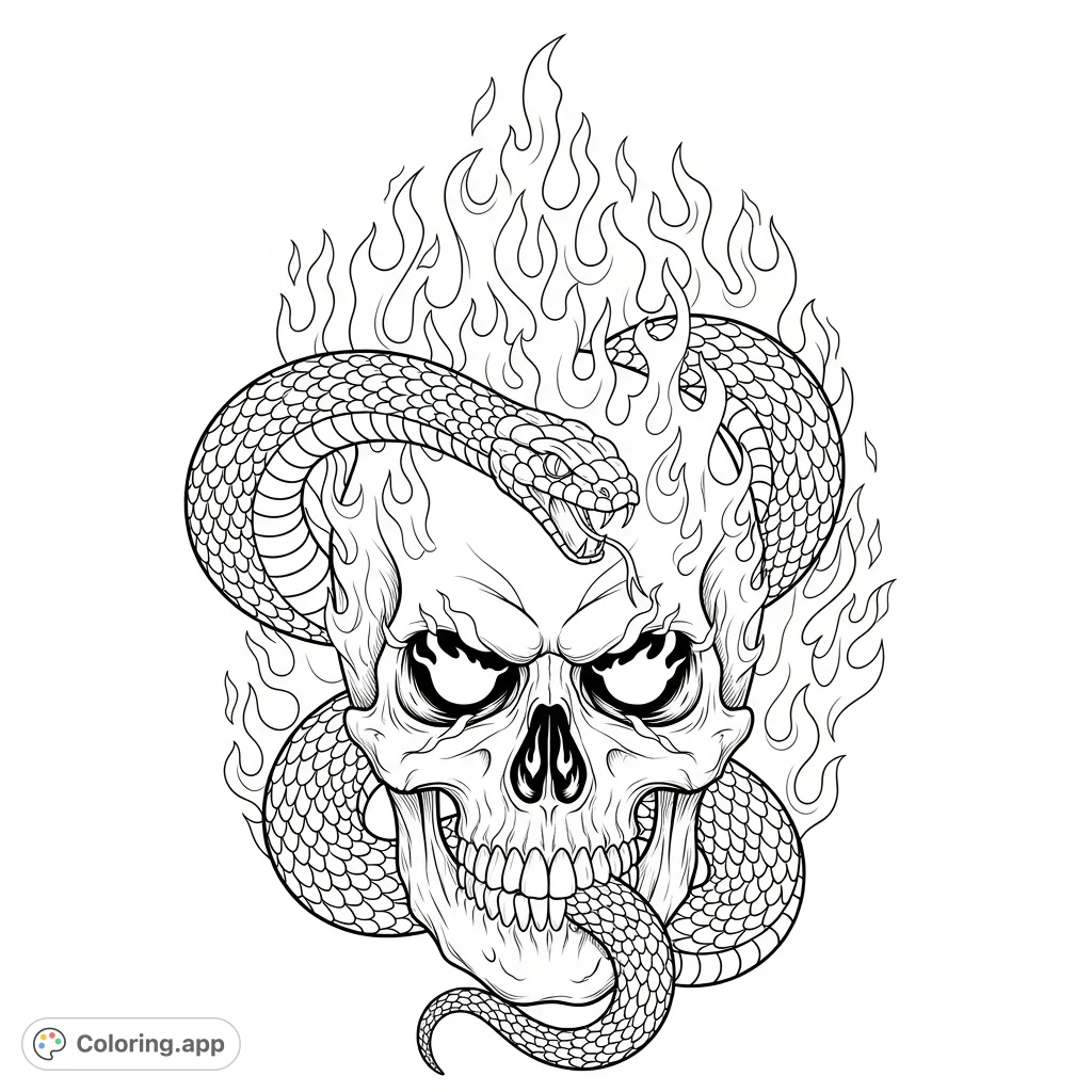 A dramatic burning skull with a serpent entwined, engulfed in detailed flames with powerful glowing eyes. A unique, free printable coloring page.