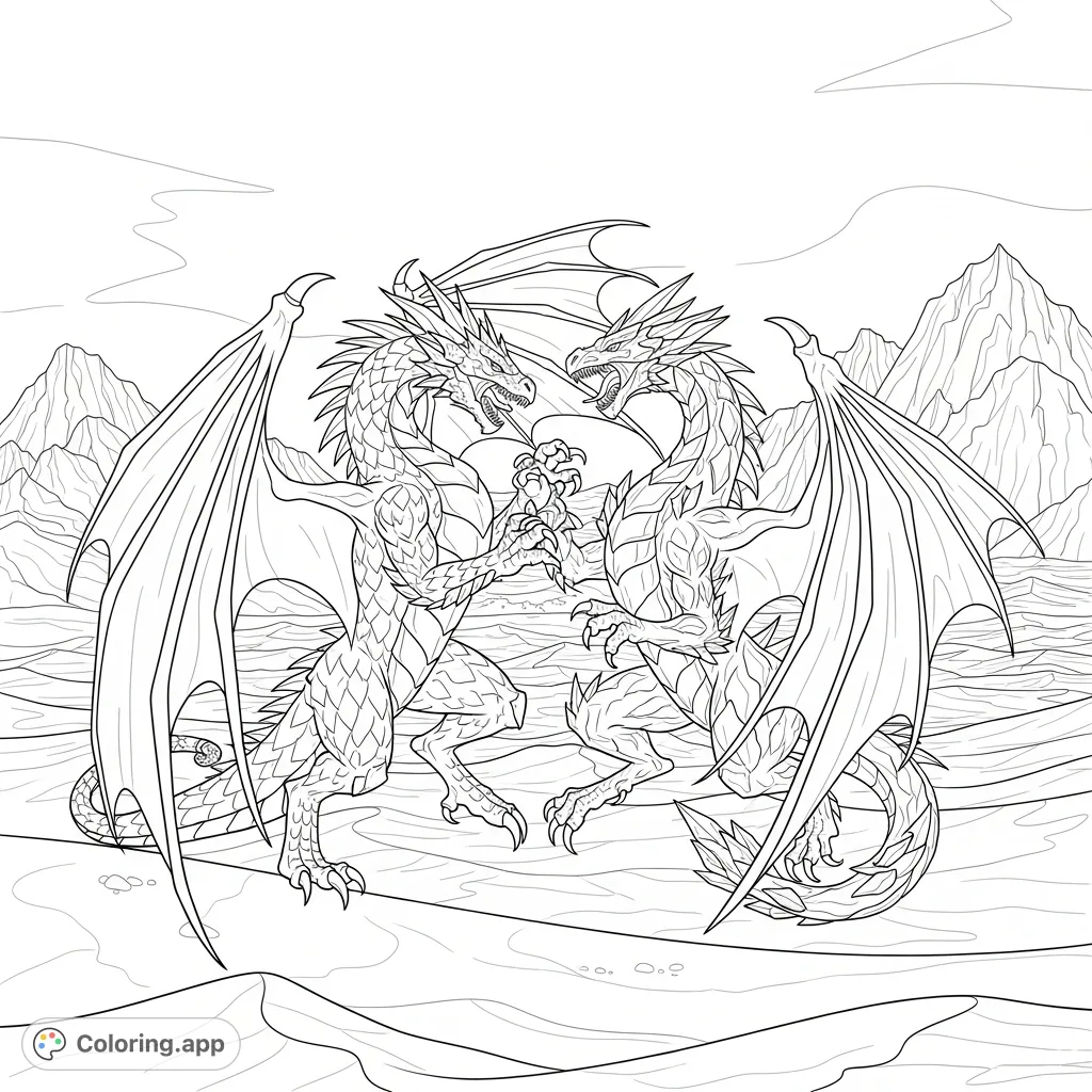 Witness an epic dragon fighting coloring page where a fire-like dragon clashes with an ice-like dragon amidst a desert and mountain landscape, complete with a mirage effect.