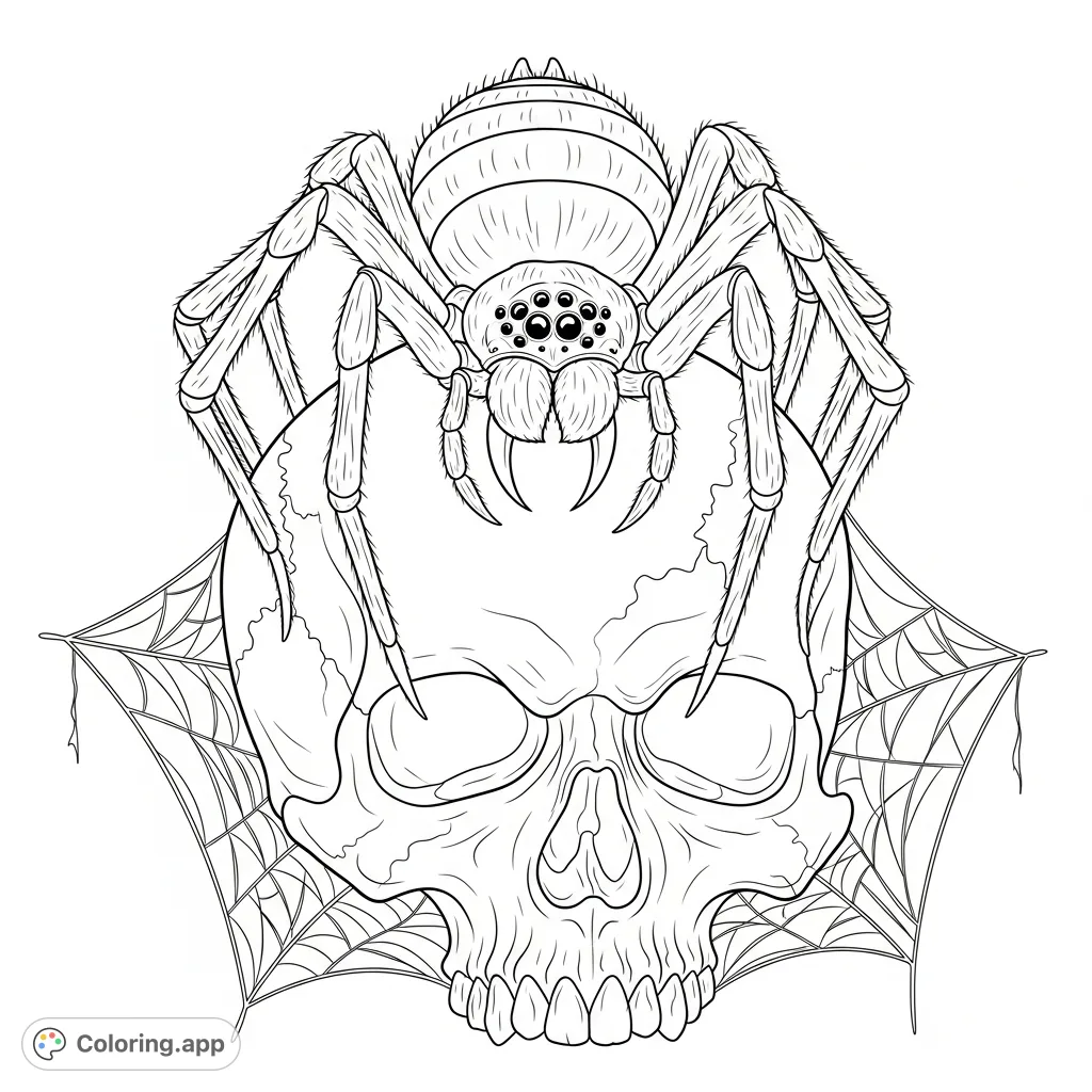 A chilling fanged spider rests on a cracked skull, entangled in a spooky web. Perfect for a gothic-themed coloring page.