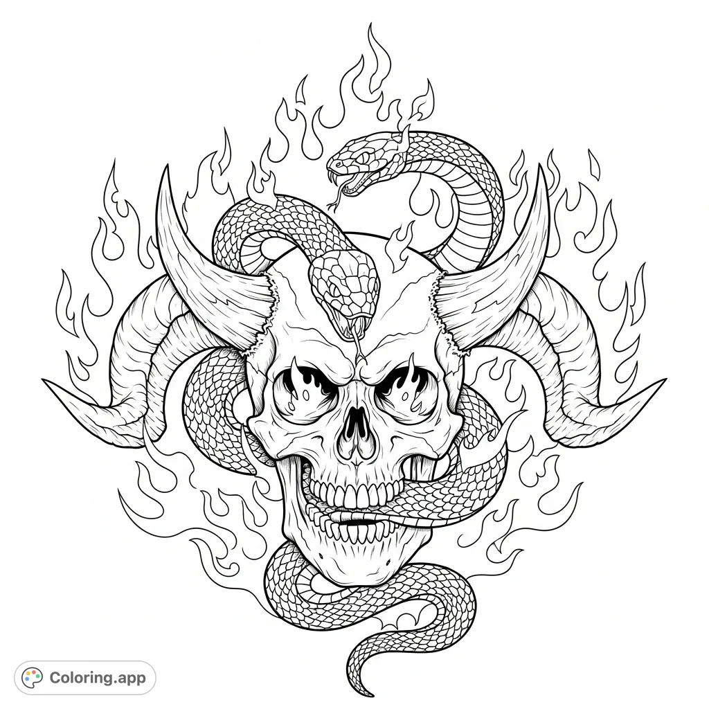 A striking skull with realistic horns, entwined by a snake amidst dynamic flames. Experience a scary, fiery scene in this detailed coloring page.