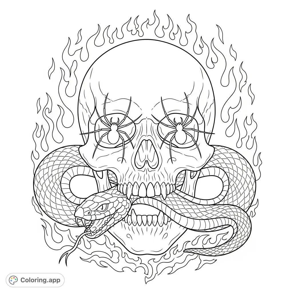 An intense skull coloring page featuring a snake emerging from its mouth, surrounded by fire, and two detailed funnel web spiders from the eye sockets. Perfect for dark fantasy enthusiasts.
