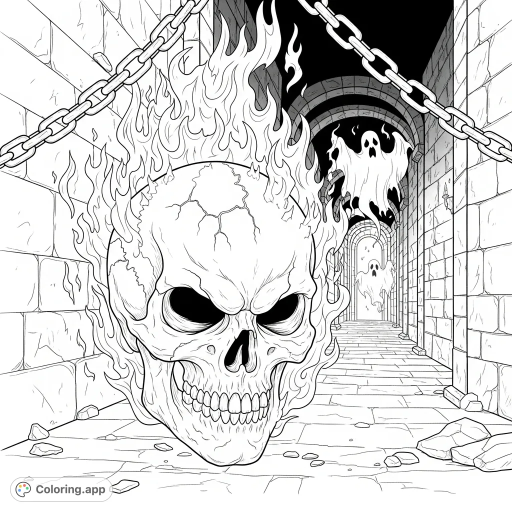 An angry, flaming skull with realistic details and heavy chains is set within a spooky dungeon, with ghostly figures lurking. A truly terrifying scene.