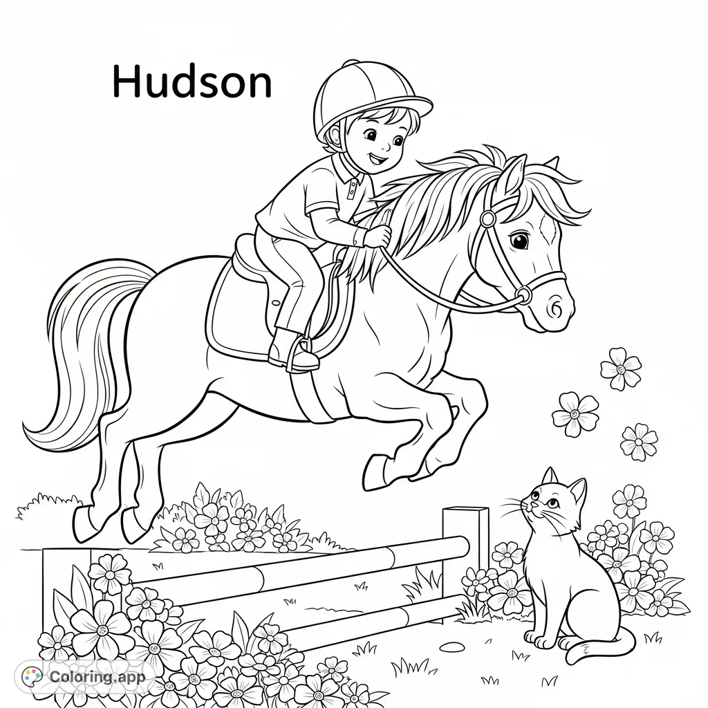 A delightful pony coloring page featuring Hudson riding a cute pony mid-jump, with a curious cat watching nearby amidst a scattering of flowers. Perfect for joyful coloring!