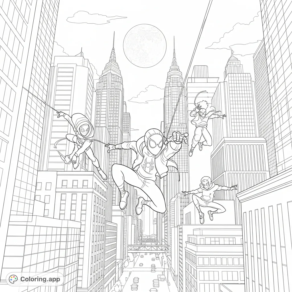 Join Miles Morales and his two friends swinging through a dynamic New York City skyline under moonlight. An exciting superhero adventure!