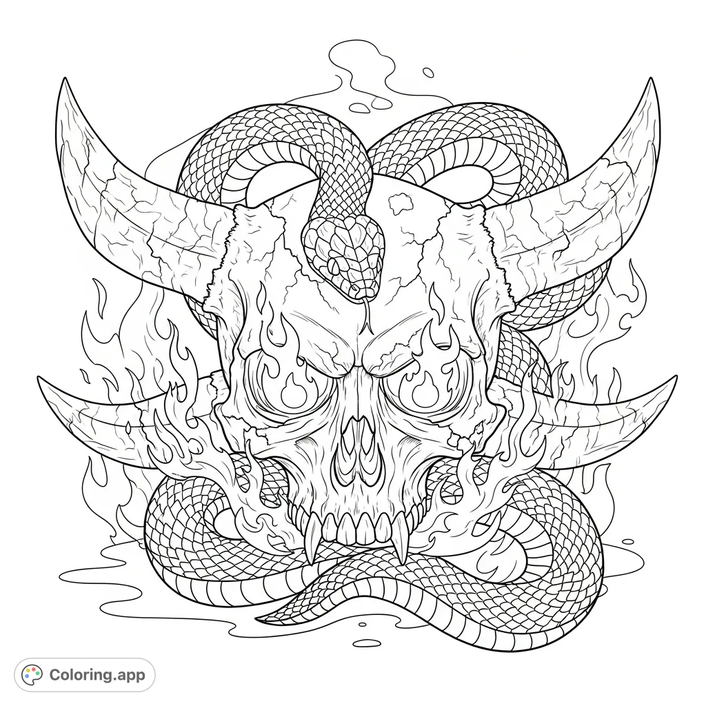 An eerie horned skull featuring a coiled snake, smoldering fire, and intense glowing eyes. A challenging and captivating skull with snake coloring page.