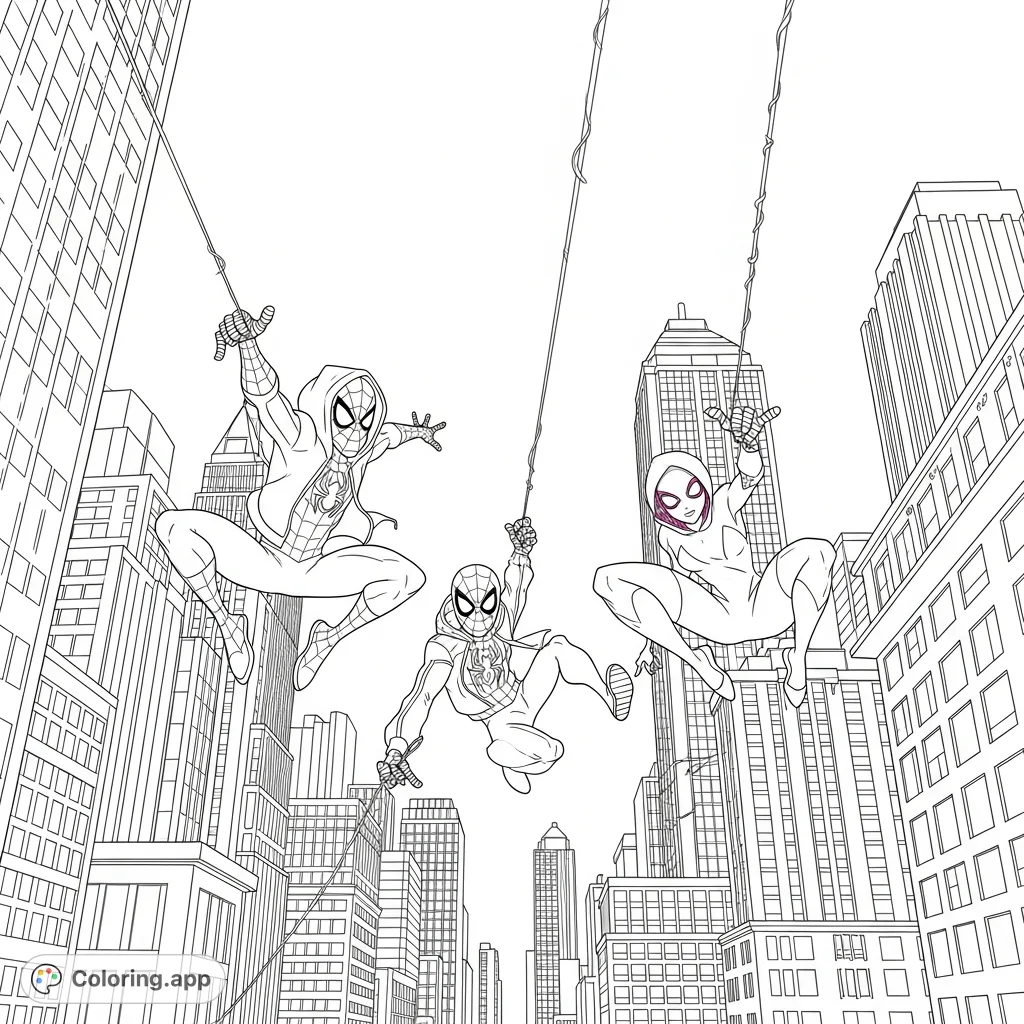 Miles Morales, Peter Parker, and Gwen Stacy swing through a bustling New York City at night, captured in a dynamic superhero coloring page.