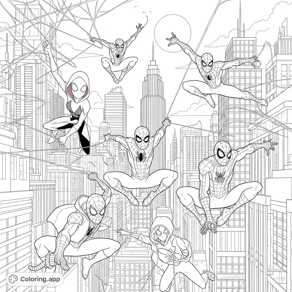 A thrilling Spiderman coloring page featuring Spiderman and his spider-friends web-slinging through a detailed cityscape under a moonlit night.