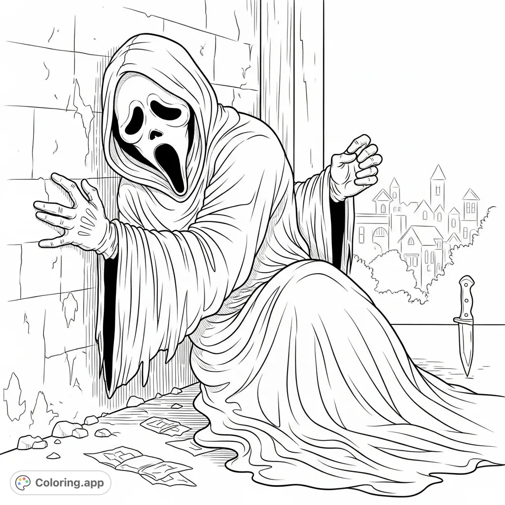 Explore the psychological depth of Ghostface in this intense coloring page, depicting the iconic figure in a vulnerable moment of breakdown against a textured wall.
