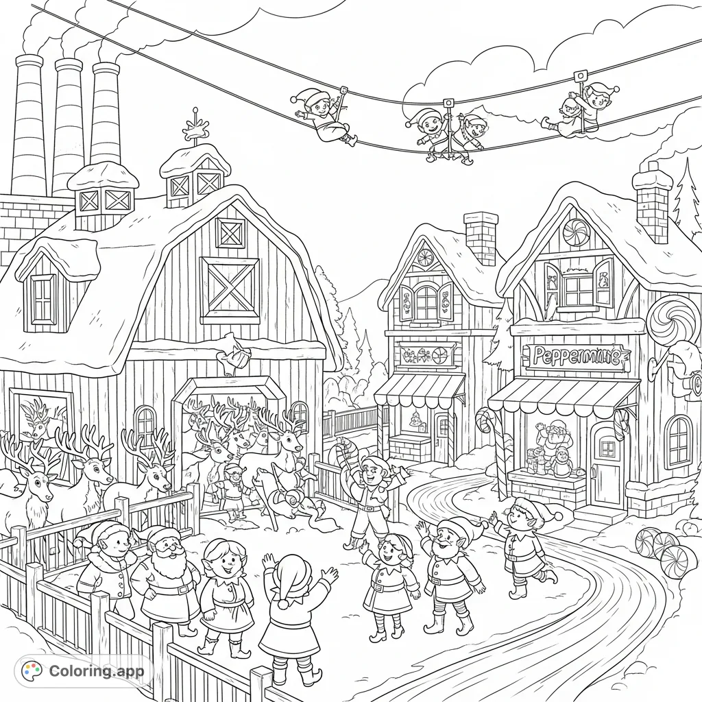 An energetic Christmas village scene featuring reindeer, helpful elves, jolly people, and a candy cane zip line between snow-dusted elf houses.