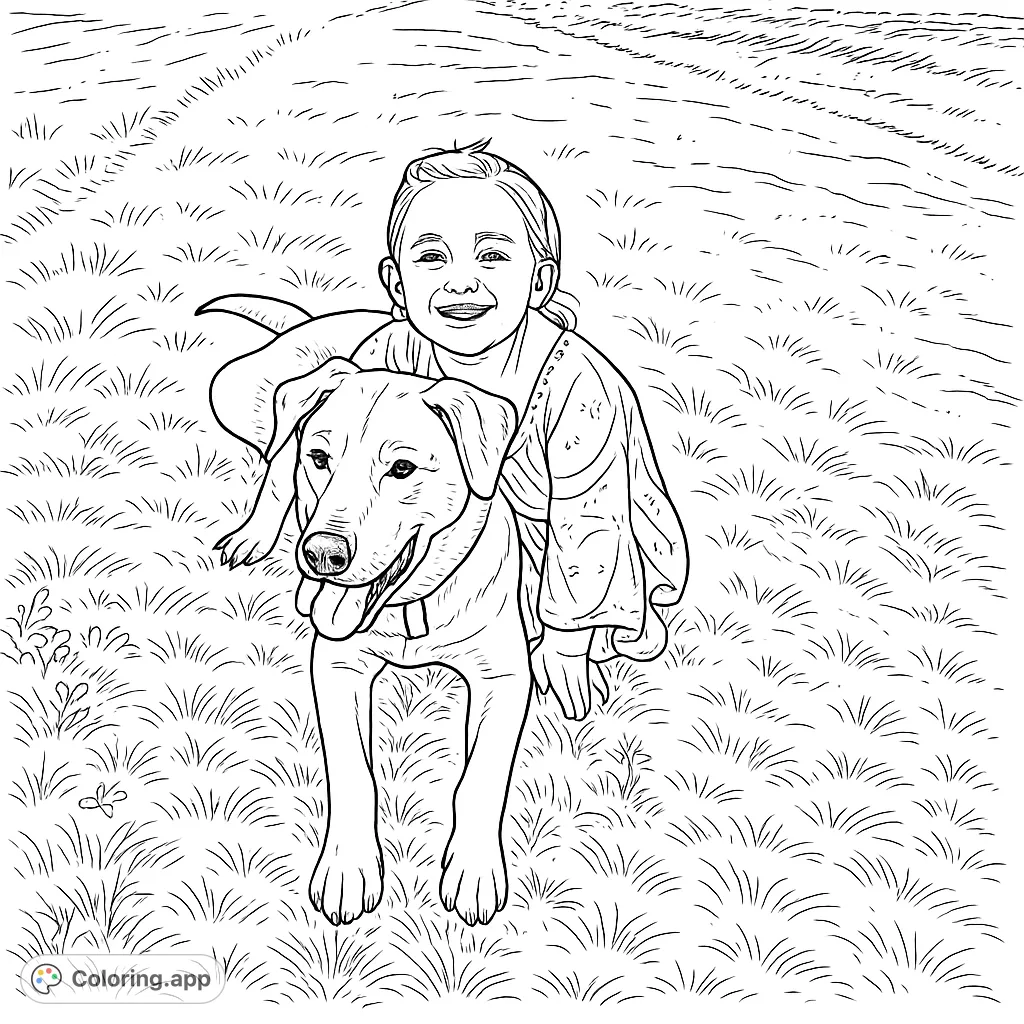 A heartwarming scene featuring a smiling child and their loyal dog resting together on a grassy field. Perfect for animal lovers and joyful moments.