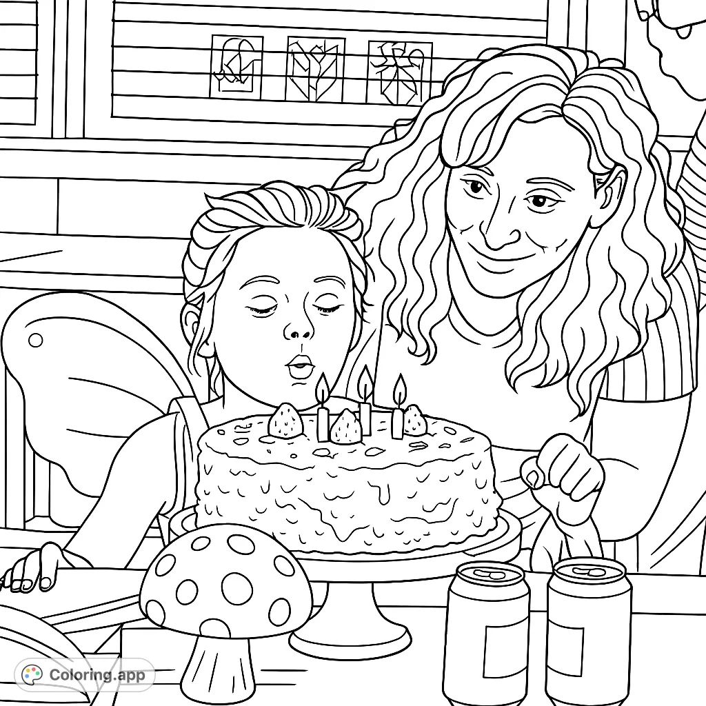 Capture the magic of a birthday moment with this fairy child blowing out candles on a festive cake, surrounded by thoughtful adult presence. Perfect for celebrations!
