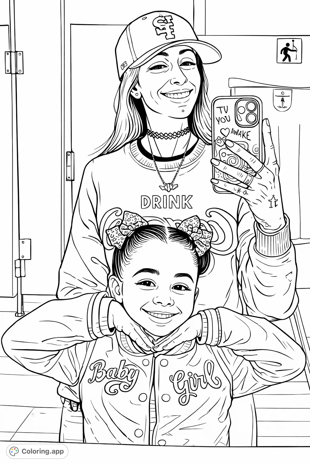 Capture a heartwarming moment with this mother and child selfie coloring page. Features two smiling figures, playful clothing, and fun accessories for creative expression.
