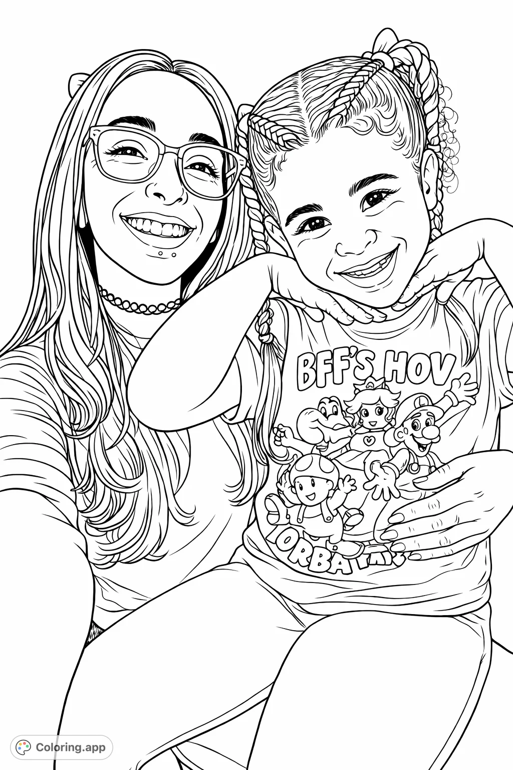 A heartwarming portrait of a mother and daughter smiling together, featuring playful braided hair and a fun character shirt. Perfect for family bonding.