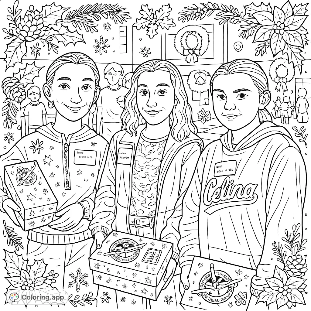 Three friends proudly display their patterned gift boxes, ready for a community event, set against a bustling indoor background. A heartwarming scene of generosity.