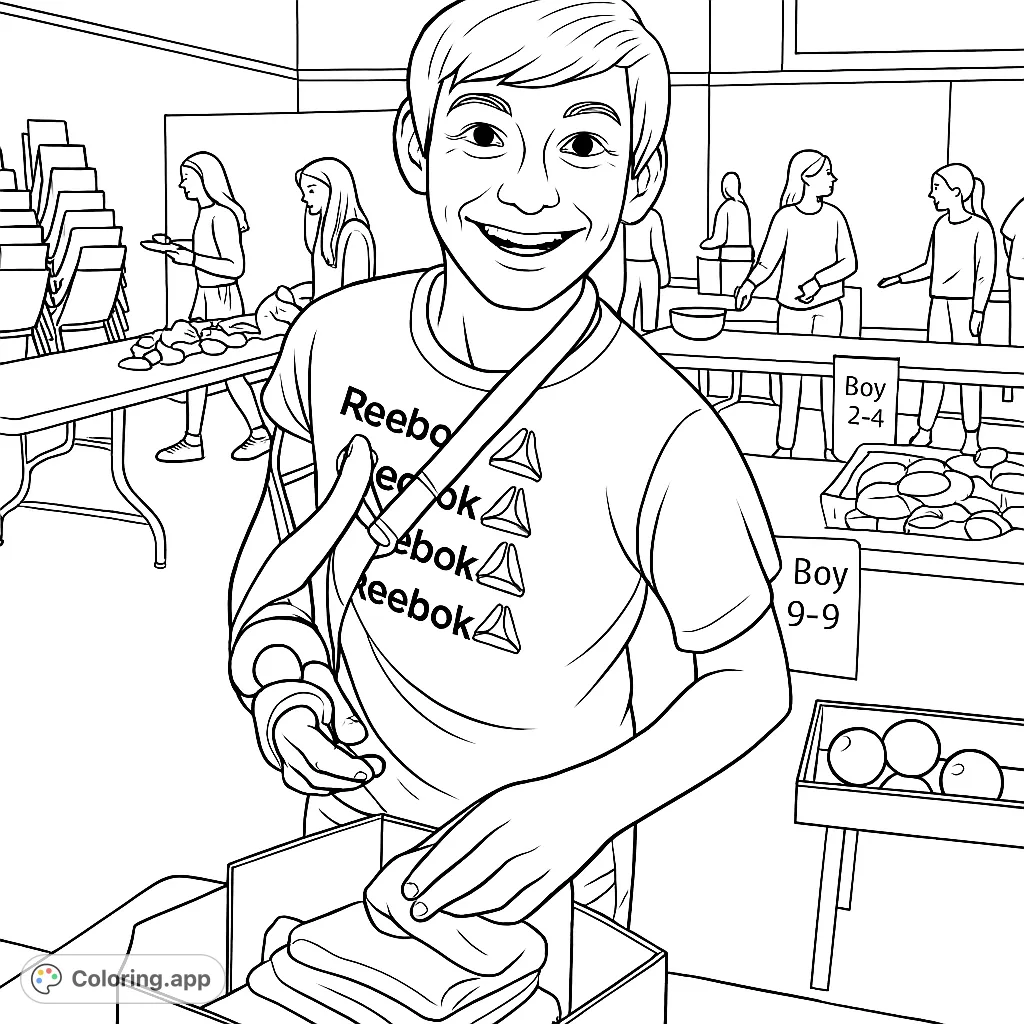 A cheerful boy with an arm cast and sling helps at a lively community event, placing items into a box. A heartwarming scene of giving back.